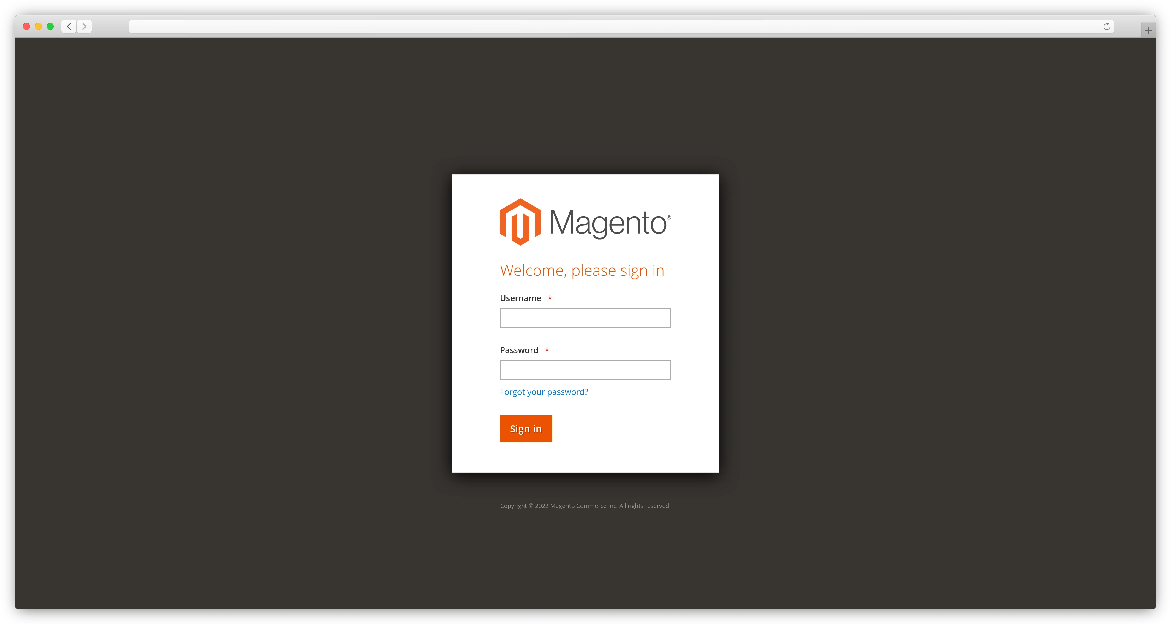 Magento login screen