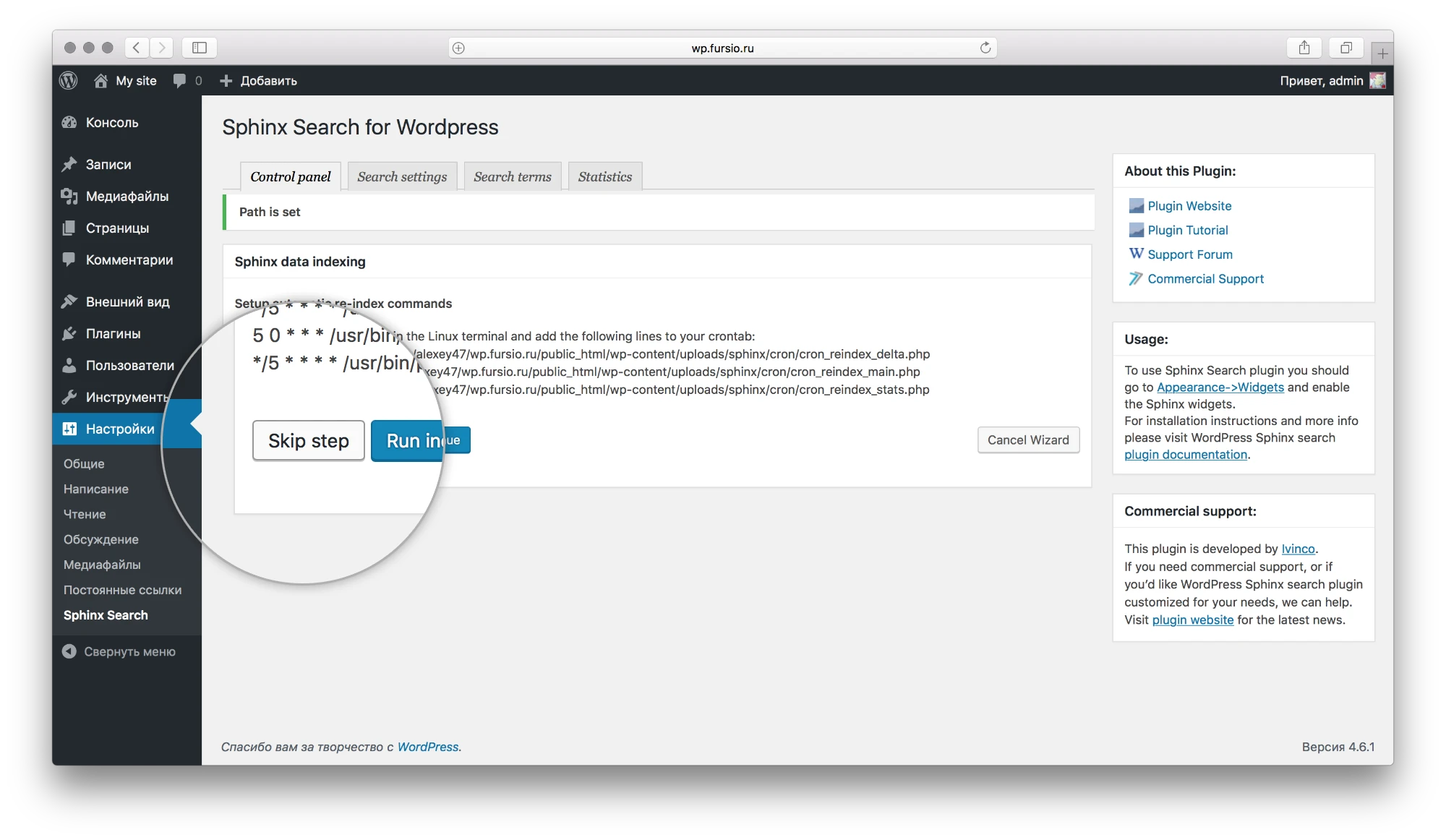 настройка sphinx плагина для WP