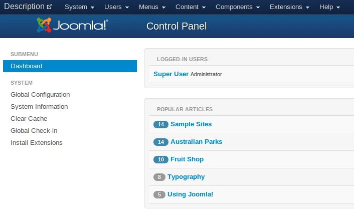 панель администратора Joomla