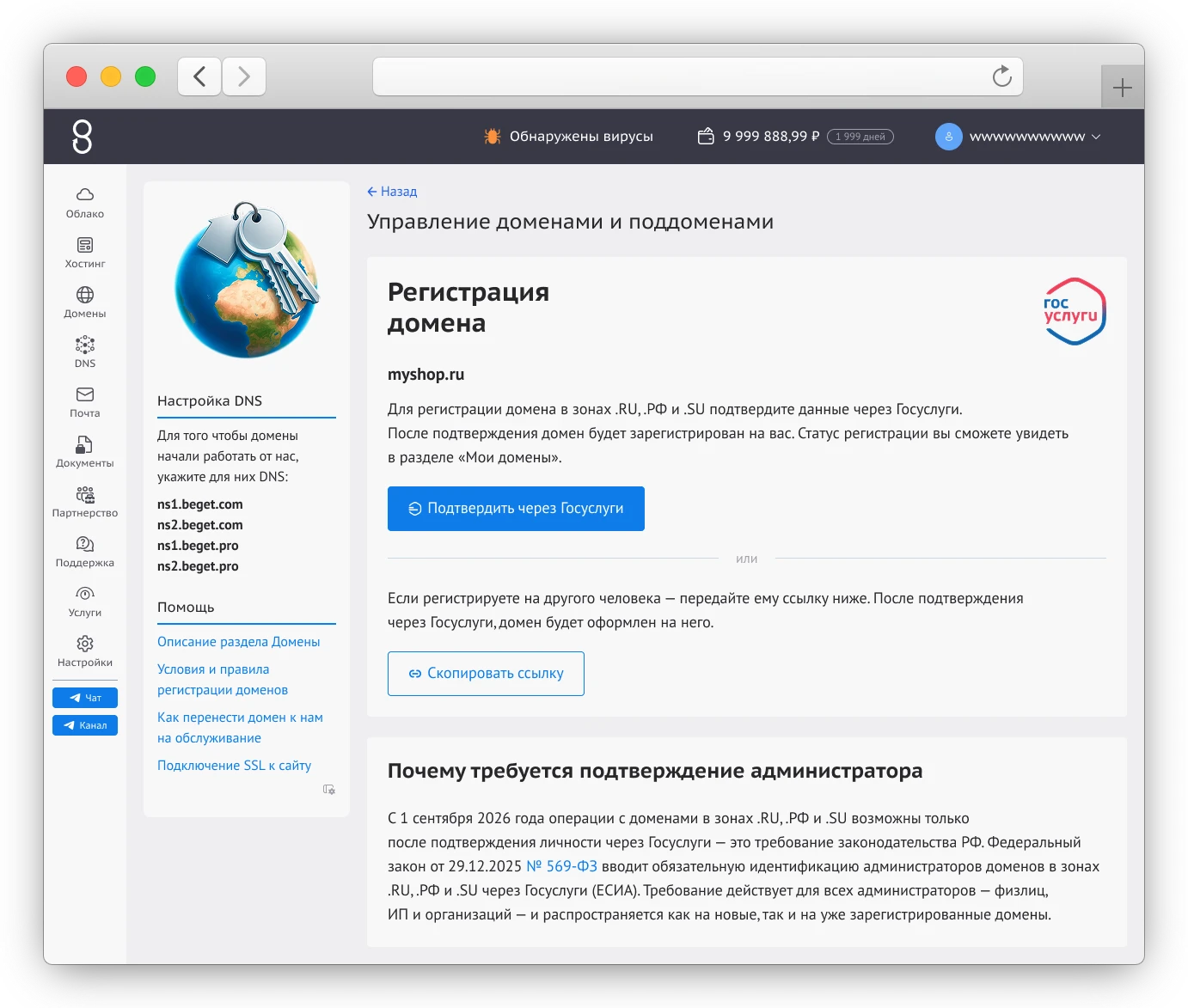 Подтверждение домена через Госуслуги