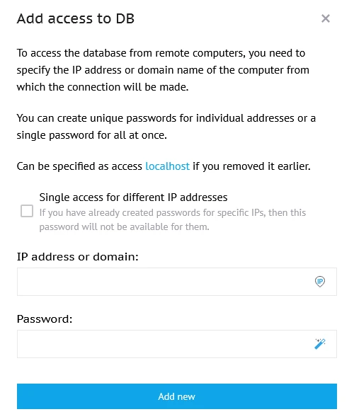 Form for adding access to the database