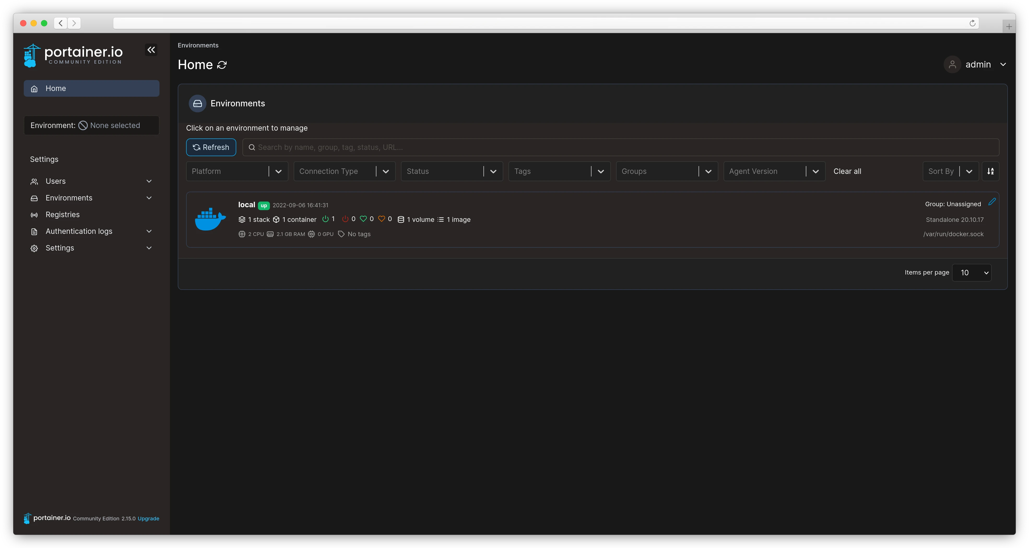 Portainer Main Screen