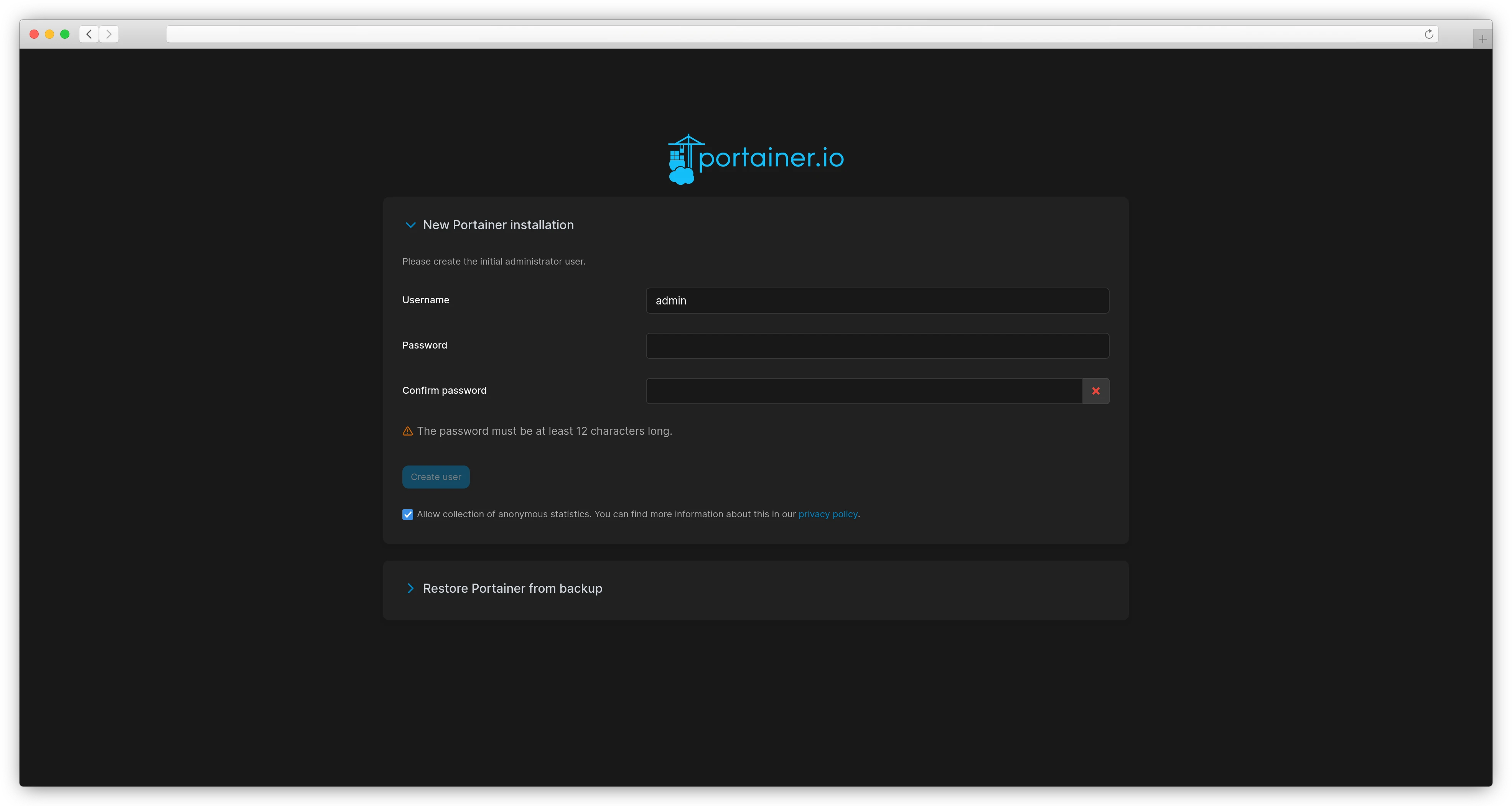 Portainer Login Screen