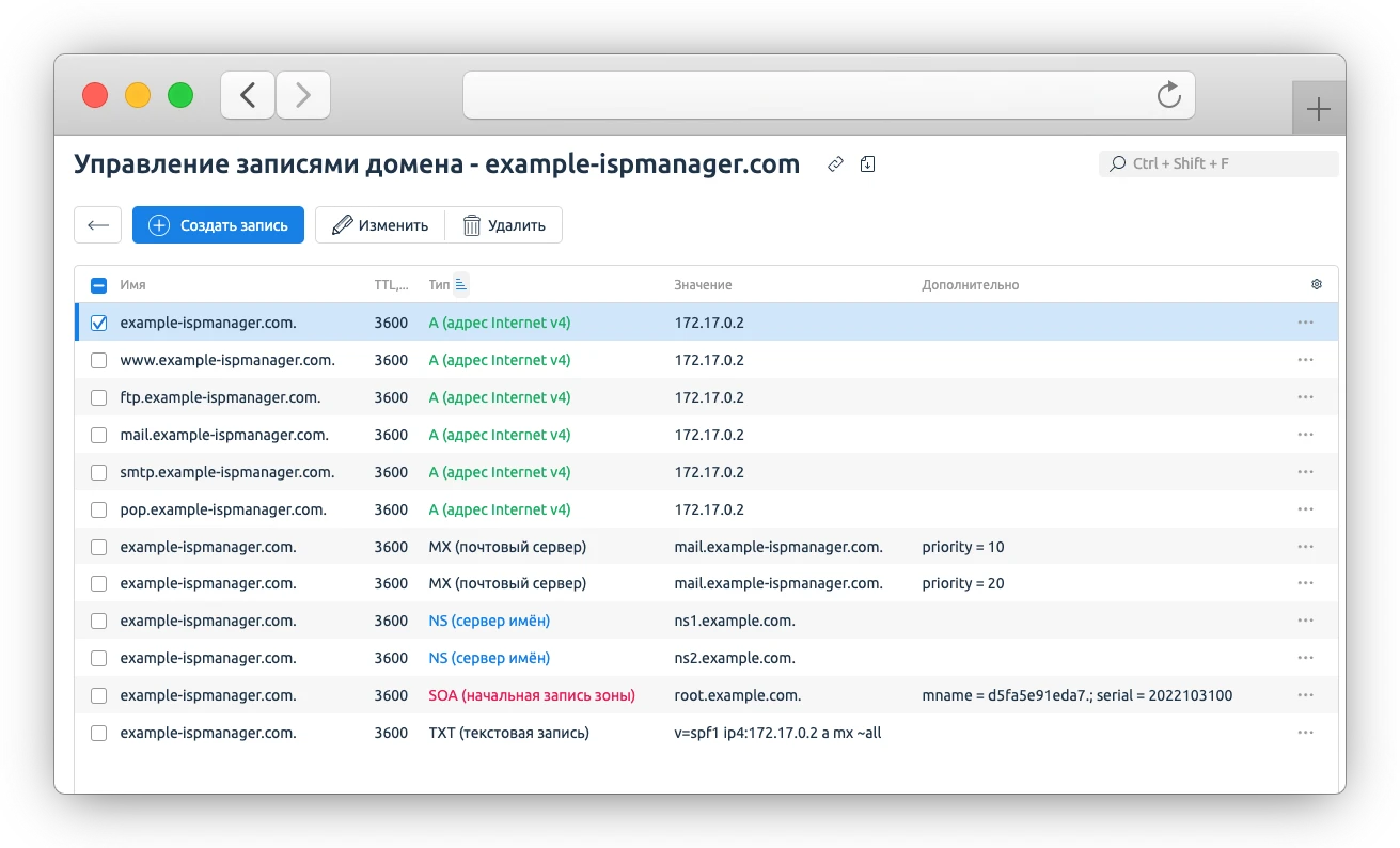 Управление DNS-записями в ispmanager