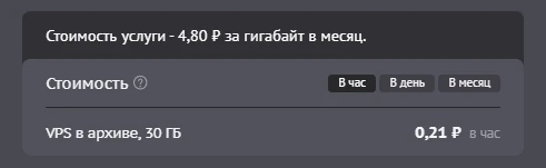 Стоимость VPS в архиве в час